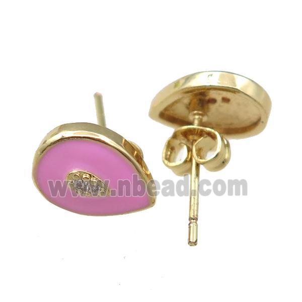 copper Stud Earring with pink enameled, teardrop, gold plated