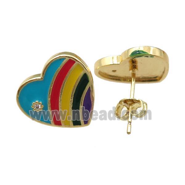 copper Stud Earring with enameled, heart, gold plated