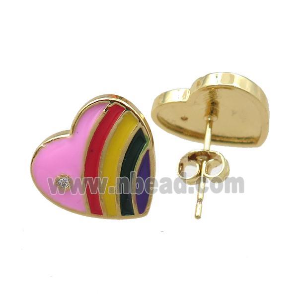 copper Stud Earring with enameled, heart, gold plated