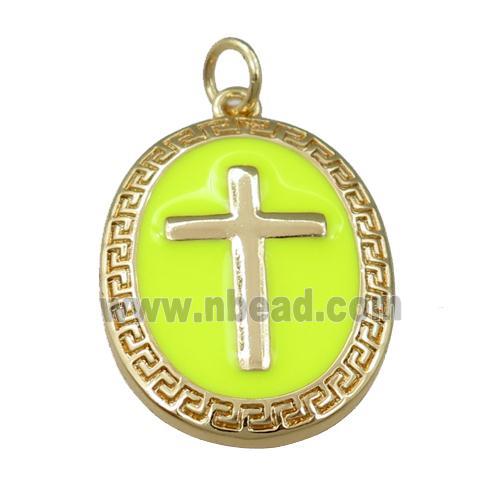 copper oval pendant with yellow enameled, cross, gold plated