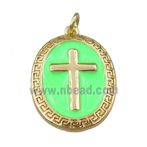 copper oval pendant with green enameled, cross, gold plated