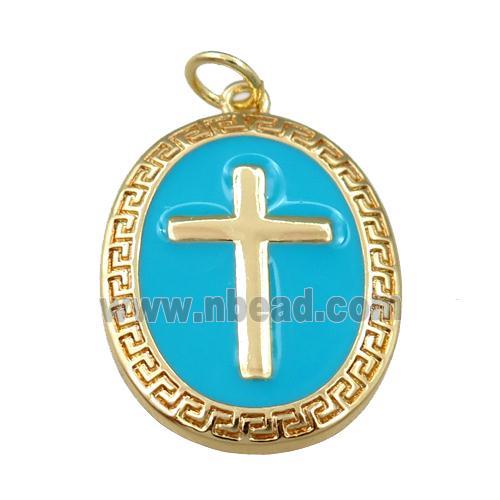 copper oval pendant with blue enameled, cross, gold plated