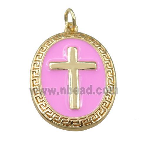 copper oval pendant with pink enameled, cross, gold plated