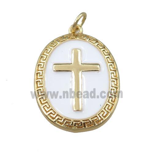 copper oval pendant with white enameled, cross, gold plated