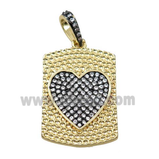 copper rectangle pendant pave zircon, heart, gold plated