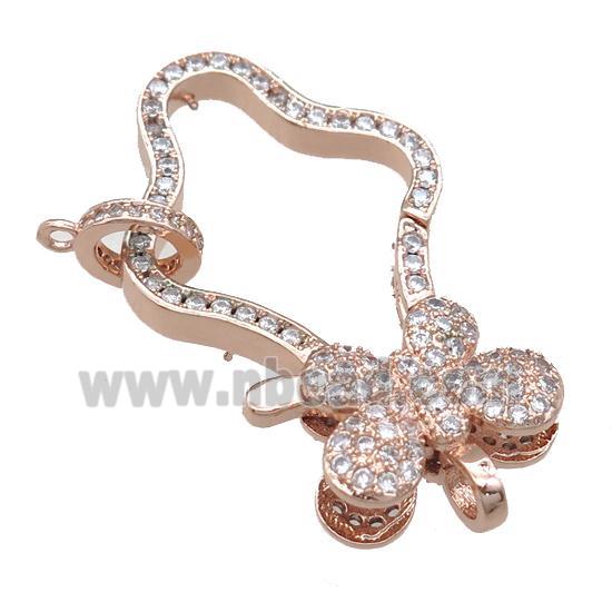 copper Carabiner Clasp paved zircon, butterfly, rose gold