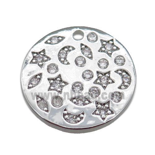 copper circle pendant pave zircon, celestial, platinum plated