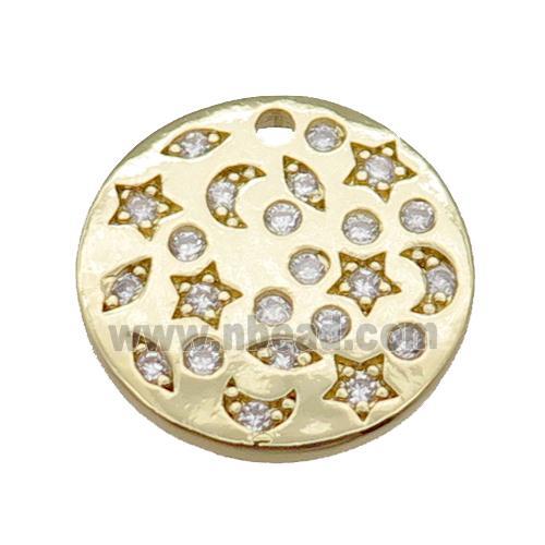 copper circle pendant pave zircon, celestial, gold plated