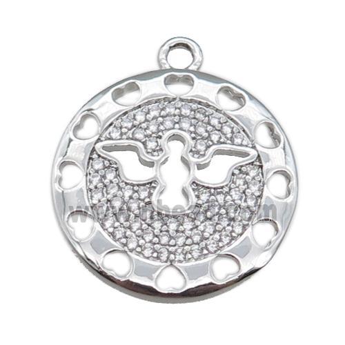 copper circle pendant pave zircon with angel, platinum plated