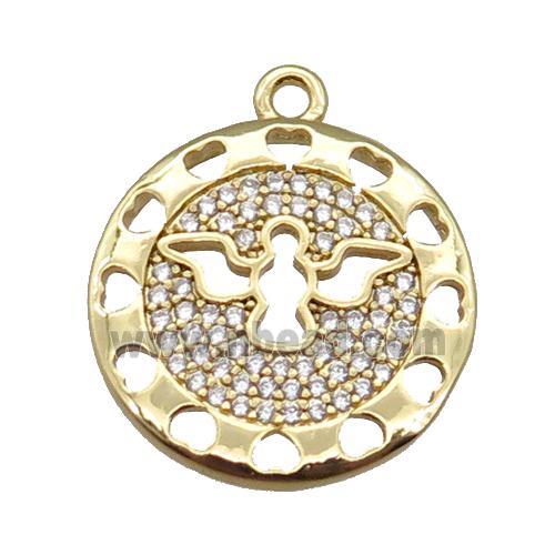 copper circle pendant pave zircon with angel, gold plated