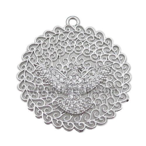 copper circle pendant pave zircon with hawk, platinum plated