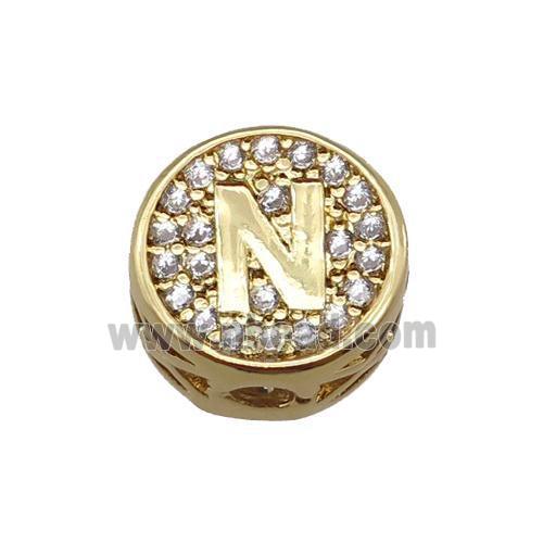 copper beads pave zircon, letter, gold plated