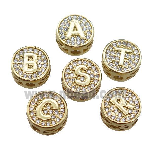 copper alphabet beads pave zircon, mixed letter, gold plated