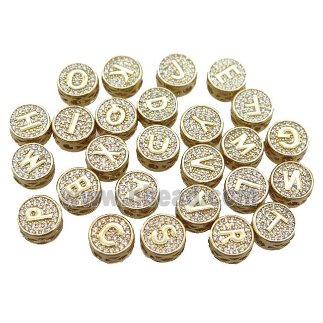 copper alphabet beads pave zircon, mixed letter, gold plated