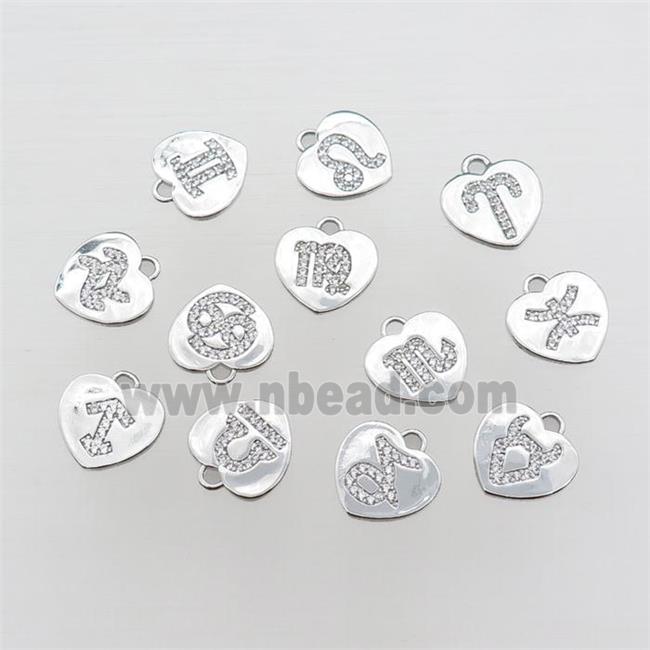 copper heart pendant pave zircon, mix zodiac, platinum plated