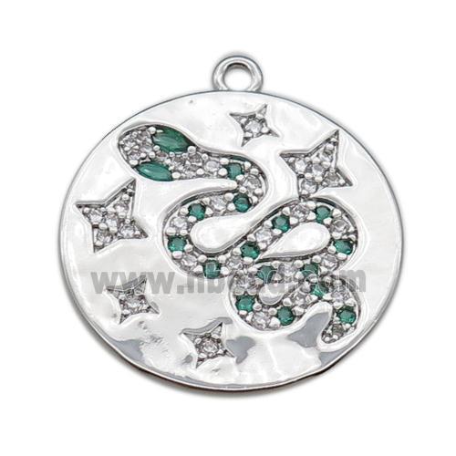 copper circle pendant pave zircon with snake, platinum plated