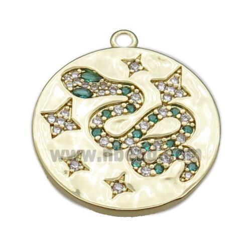 copper circle pendant pave zircon with snake, gold plated
