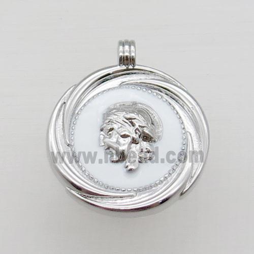 copper circle pendant, people, enameled, platinum plated