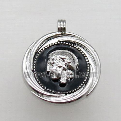copper circle pendant, enameled, platinum plated