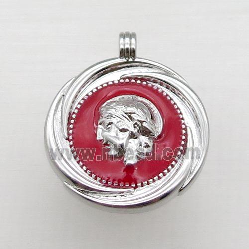 copper circle pendant, enameled, platinum plated