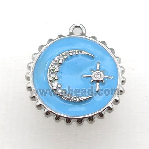 copper circle pendant with moon, blue enameled, platinum plated