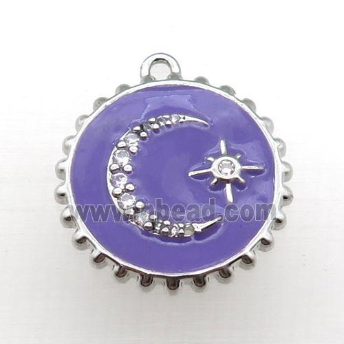 copper circle pendant with moon, purple enameled, platinum plated