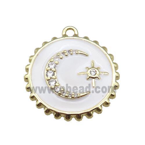 copper circle pendant with moon, enameled, gold plated