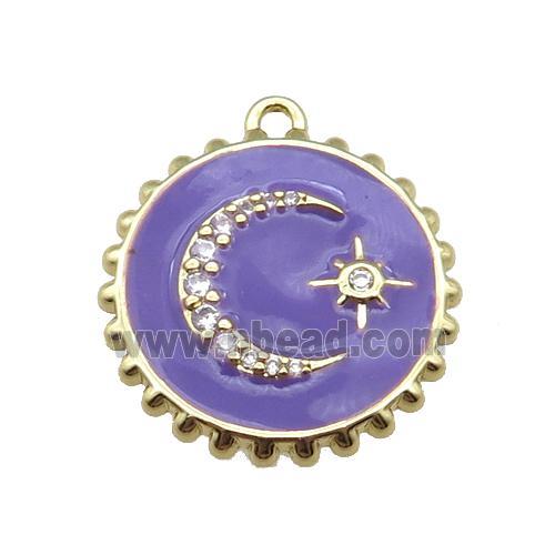 copper circle pendant with moon, enameled, gold plated