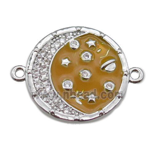 copper circle connector with moon, enameled, platinum plated