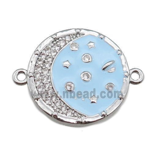 copper circle connector with moon, enameled, platinum plated