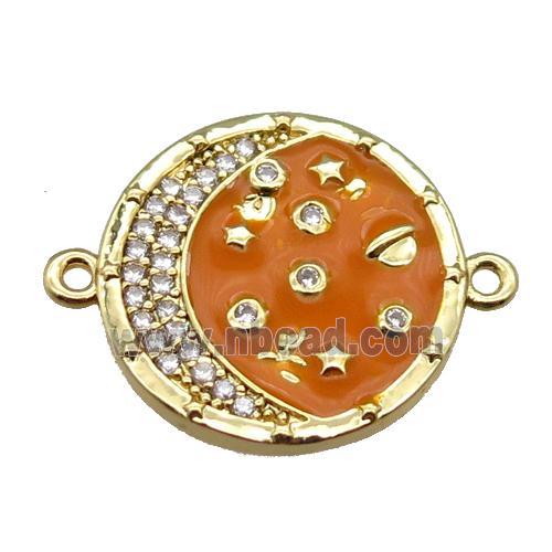 copper circle connector with moon, enameled, gold plated
