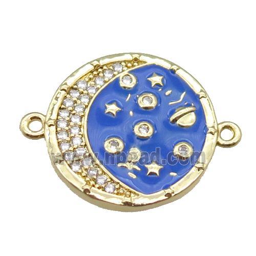 copper circle connector with moon, enameled, gold plated
