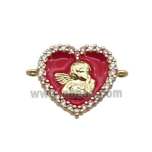 copper heart connector with angel, red enameled, gold plated