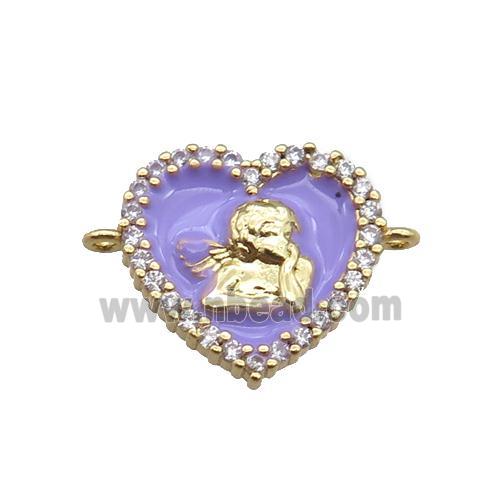 copper heart connector with angel, enameled, gold plated
