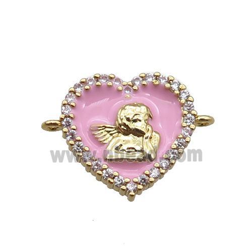 copper heart connector with angel, pink enameled, gold plated
