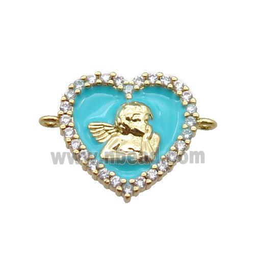 copper heart connector with angel, enameled, gold plated