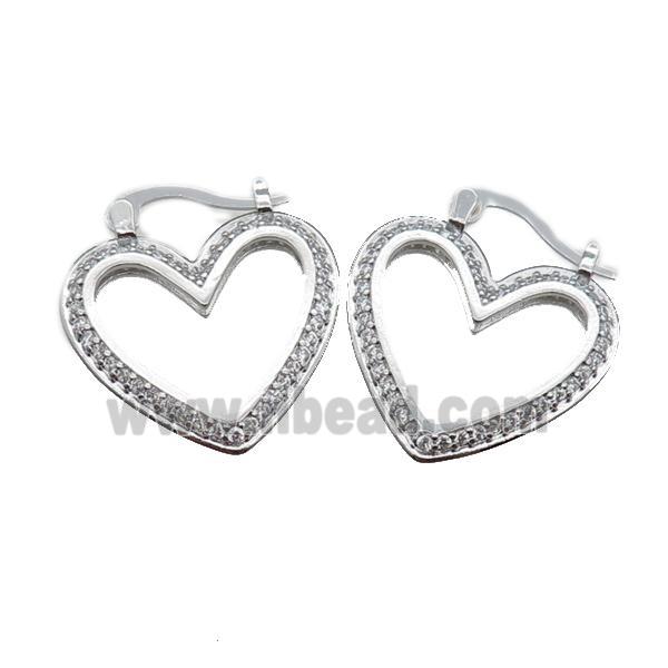 copper heart Latchback Earrings pave zircon, platinum plated