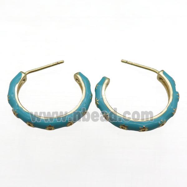 copper Stud Earrings with aqua enameled, gold plated