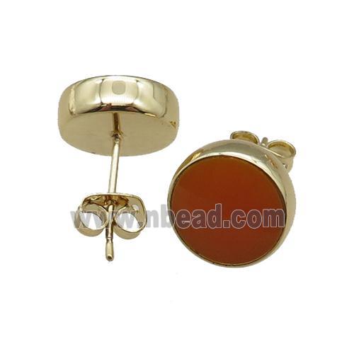 copper Stud Earrings with red enameled, gold plated
