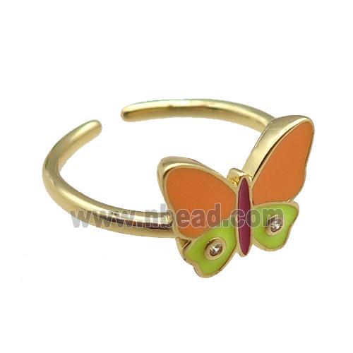 copper Rings, enameled butterfly, adjustable, gold plated
