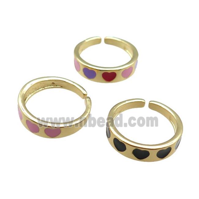 Copper Rings with enameling heart, mixed, adjustable, gold plated