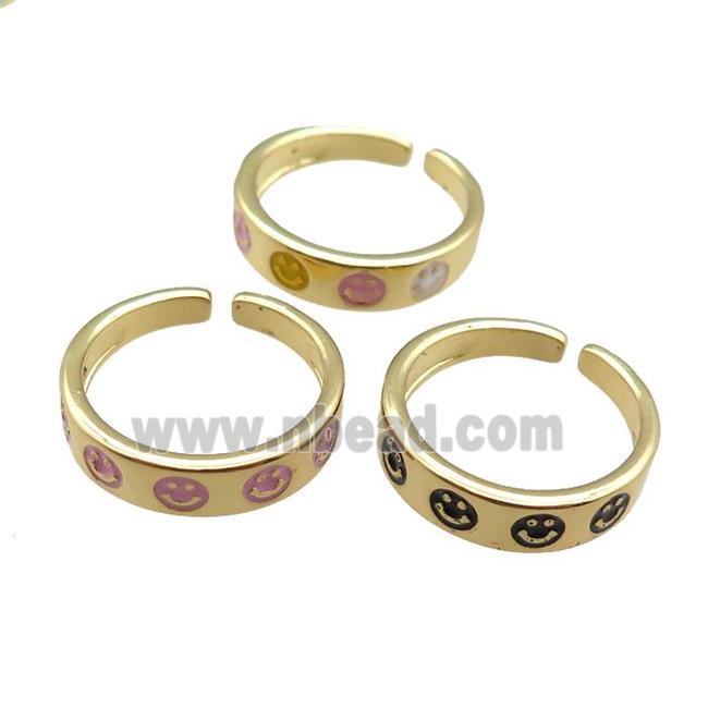Copper Rings with enameling smileface, mixed, adjustable, gold plated