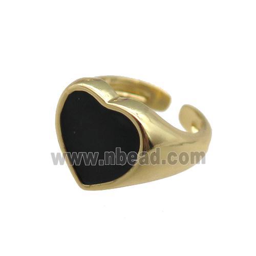 Copper Rings with black enameled heart, adjustable, gold plated