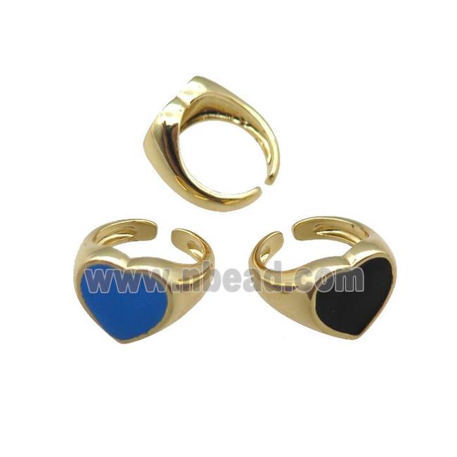 Copper Rings with enameled heart, mix, adjustable, gold plated
