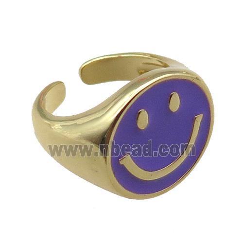 copper rings with purple enameled smileface emoji, adjustable, gold plated