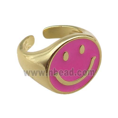 copper rings with pink enameled smileface emoji, adjustable, gold plated