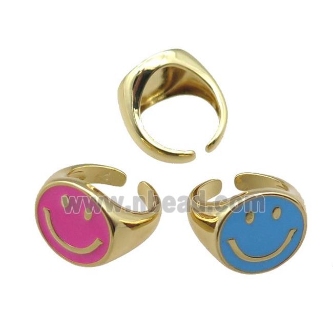 mix copper rings with enameled smileface emoji, adjustable, gold plated