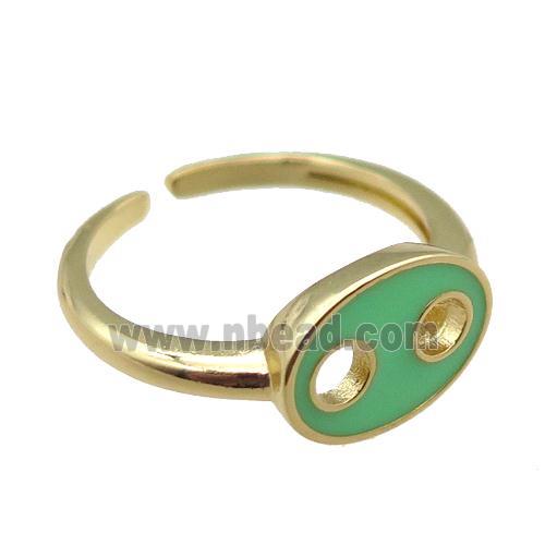 copper rings with green enameled, adjustable, gold plated