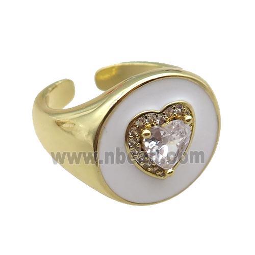 copper rings with white enameled, heart, adjustable, gold plated