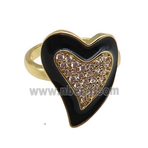 copper rings with black enameled heart, adjustable, gold plated